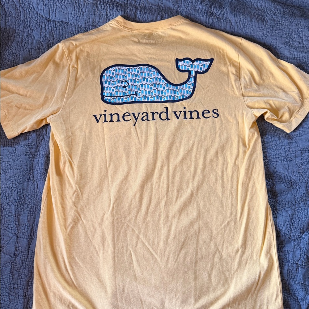 Vineyard Vines Men's Yellow Tee with Blue Whale Logo and Mixed Drinks